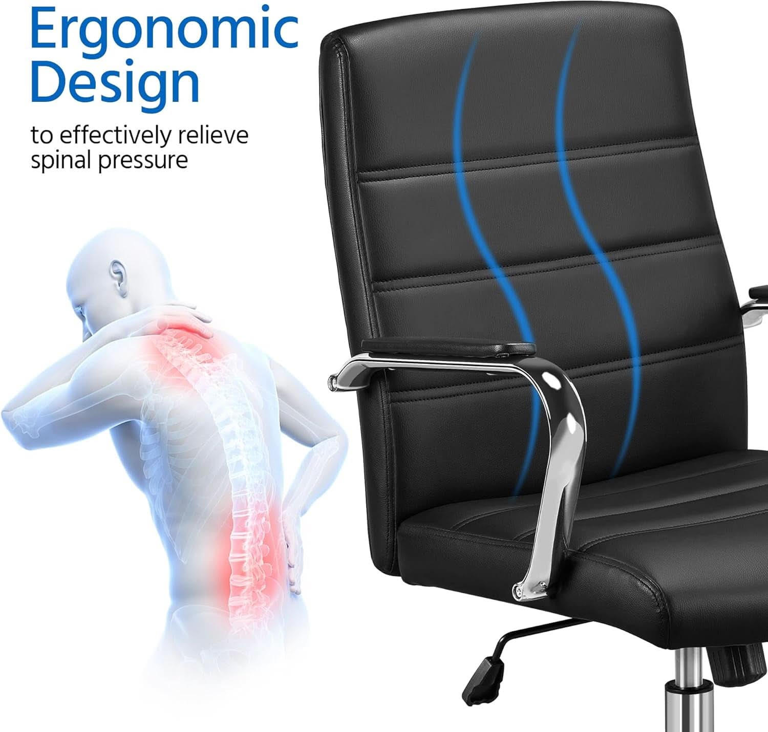 Silla de oficina ergonómica de respaldo medio de cuero sintético negro con soporte lumbar