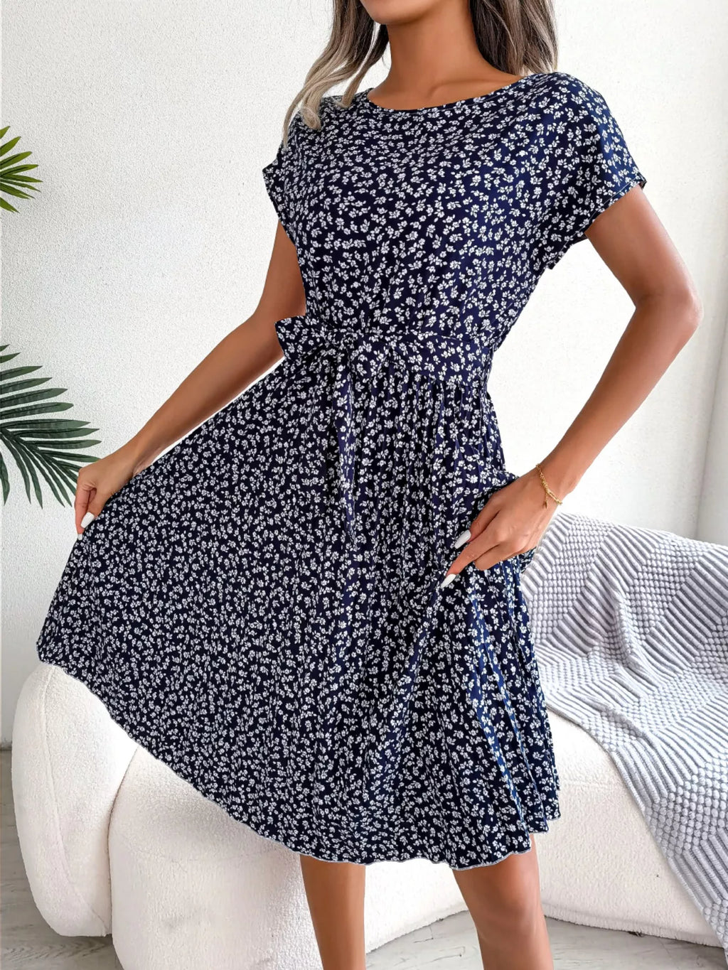 Women's Floral Pleated Midi Dress with Belt – Casual Spring Style
