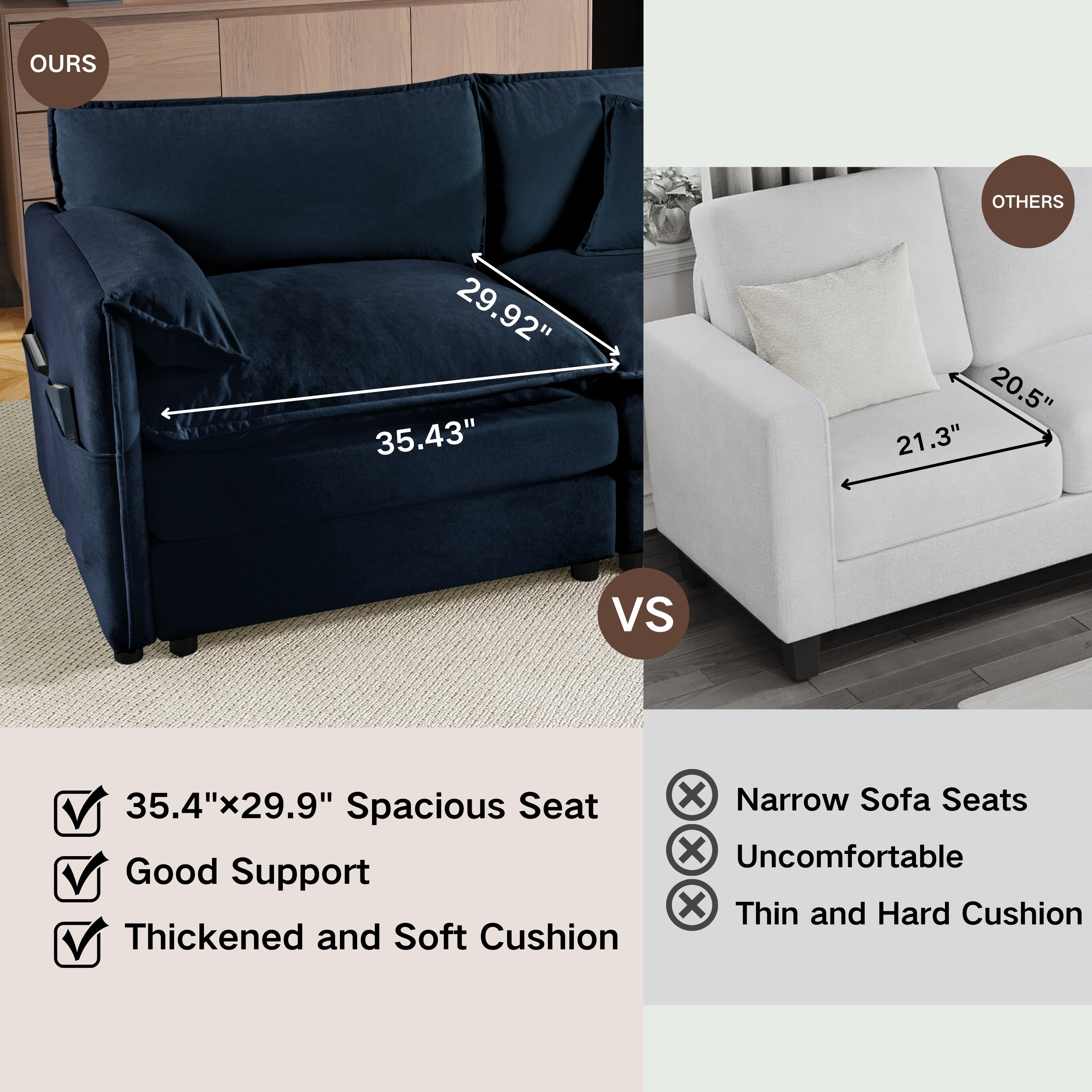Oversized Deep Seat Sectional Sofa Modern Chenille Cloud Couch Large 3 Seater Modular Sofa with 3 Pillows