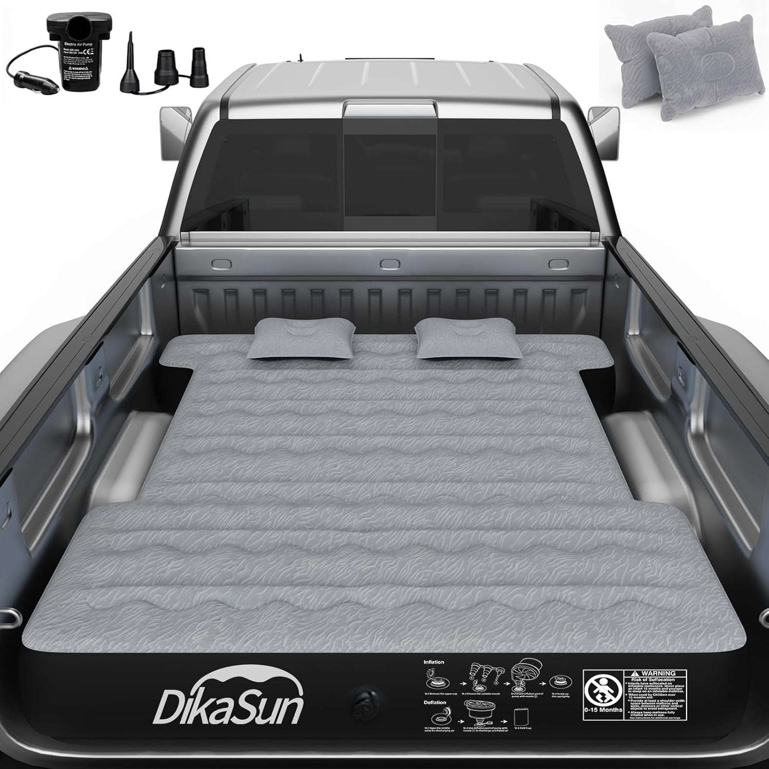 Colchón de aire DikaSun de 6.0 a 6.5 pies para caja de camioneta, tamaño completo, color gris