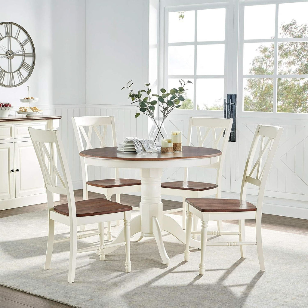 Juego de comedor redondo blanco envejecido de cinco piezas