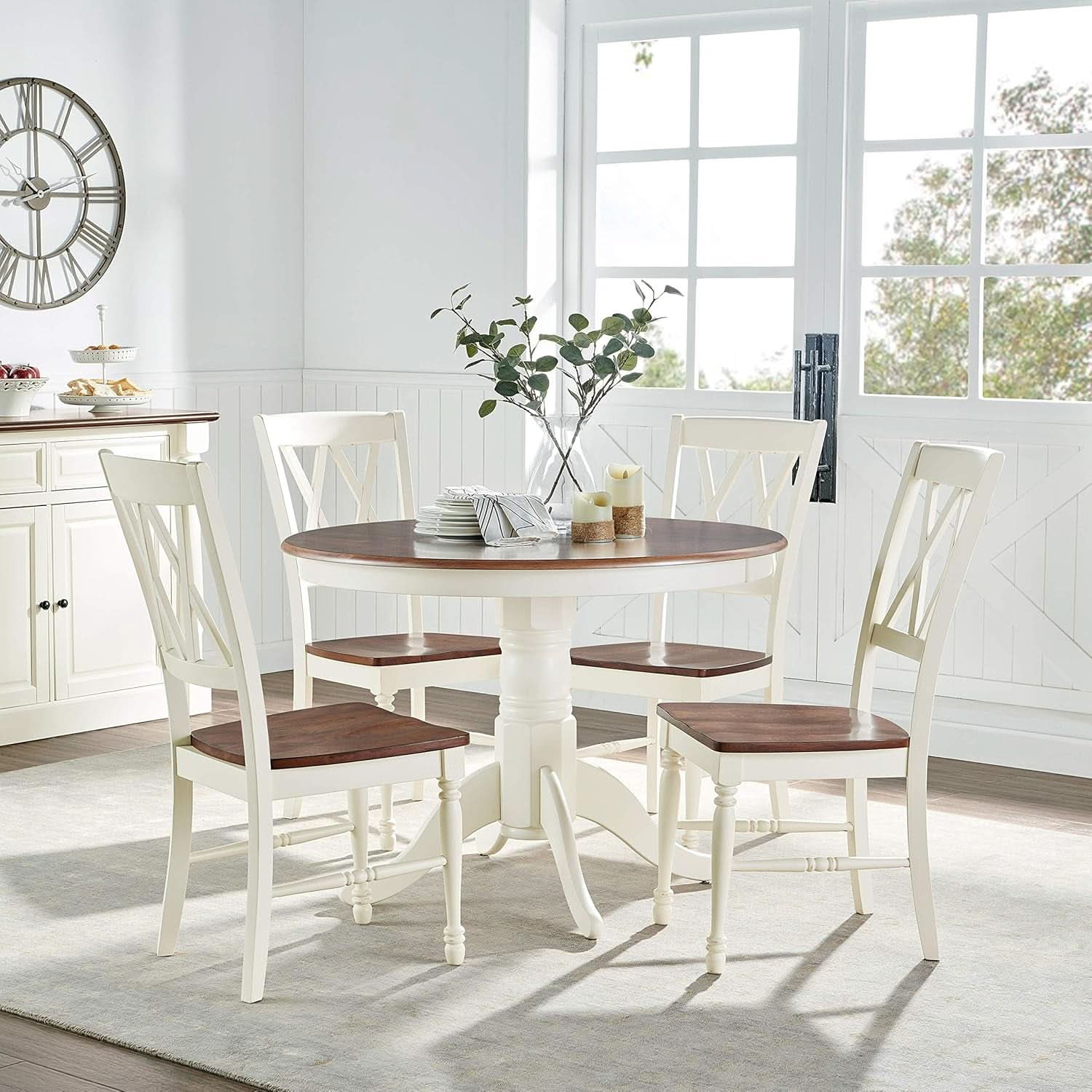 Juego de comedor redondo blanco envejecido de cinco piezas
