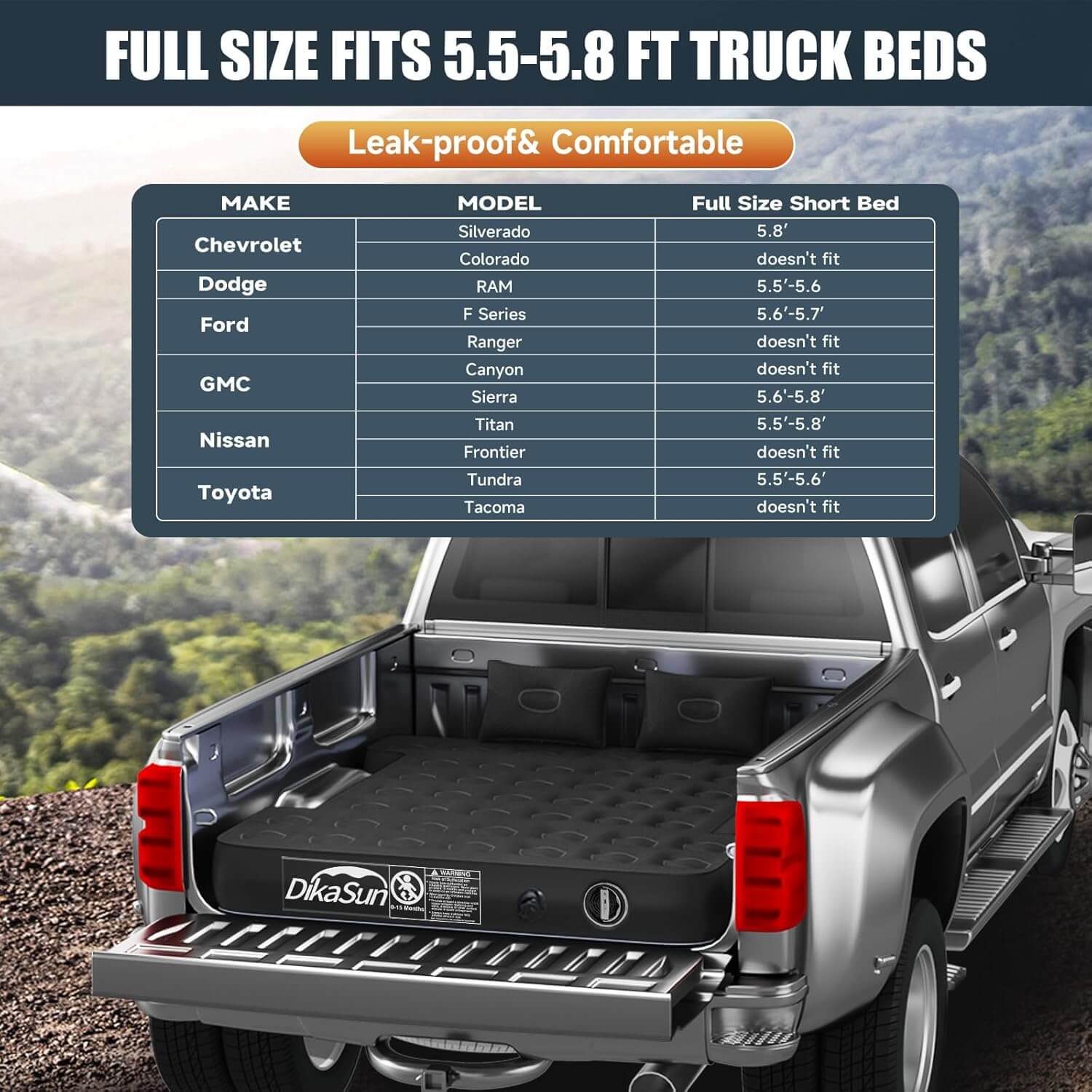 Colchón de aire DikaSun de tamaño completo de 1.67-1.76 m que se infla automáticamente para caja de camioneta