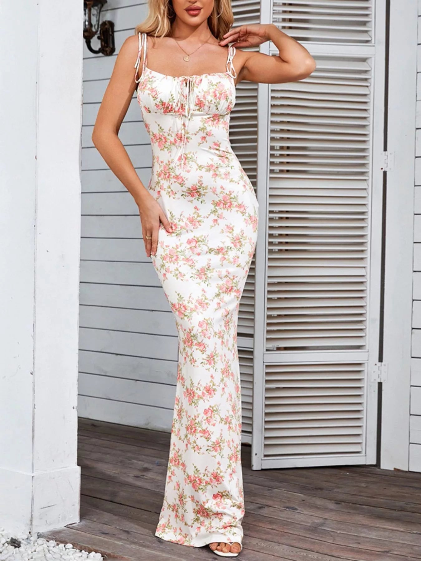 Floral Print Tie Strap Bodycon Maxi Dress