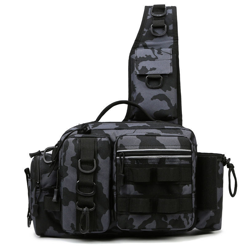 Men's Fishing Backpack with Bait Box & Rod Holder in camouflage design for carrying fishing gear.