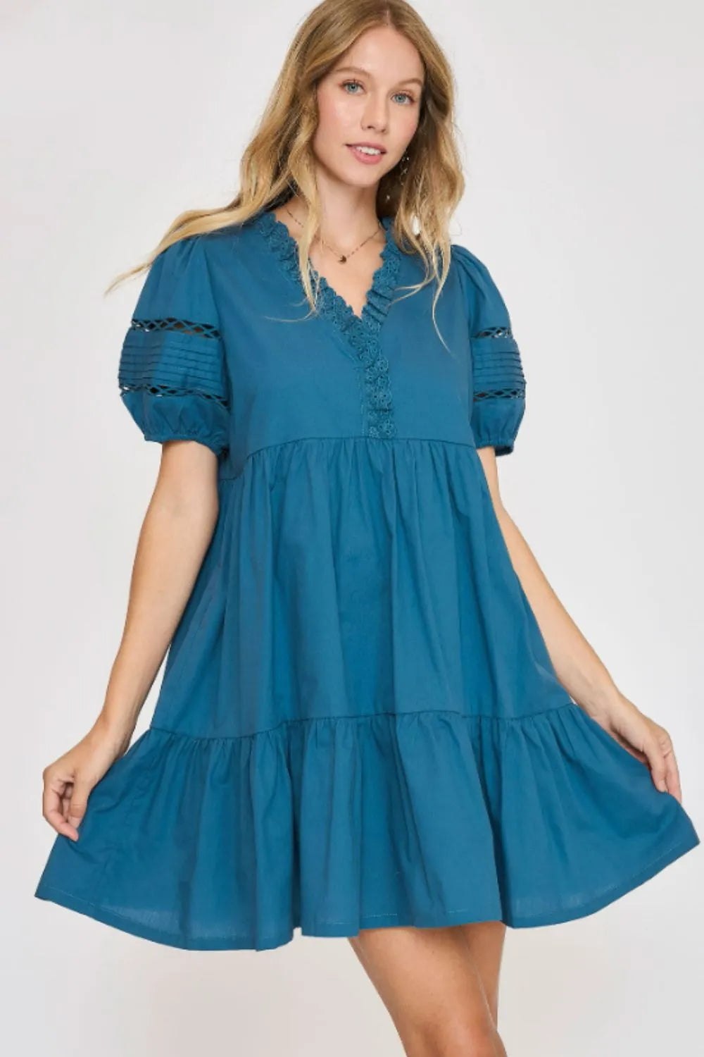 Umgee USA Full Size Lace Detail Puff Sleeve Mini Dress Plus Size