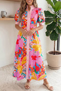 Floral Print Striped Trim Button Down Short Sleeve Maxi Dress