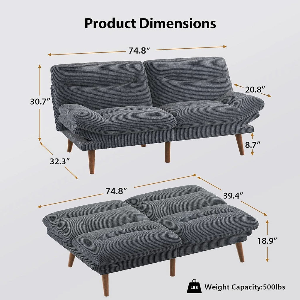 Sofá cama futón con respaldo ajustable de pana gris de 73 pulgadas