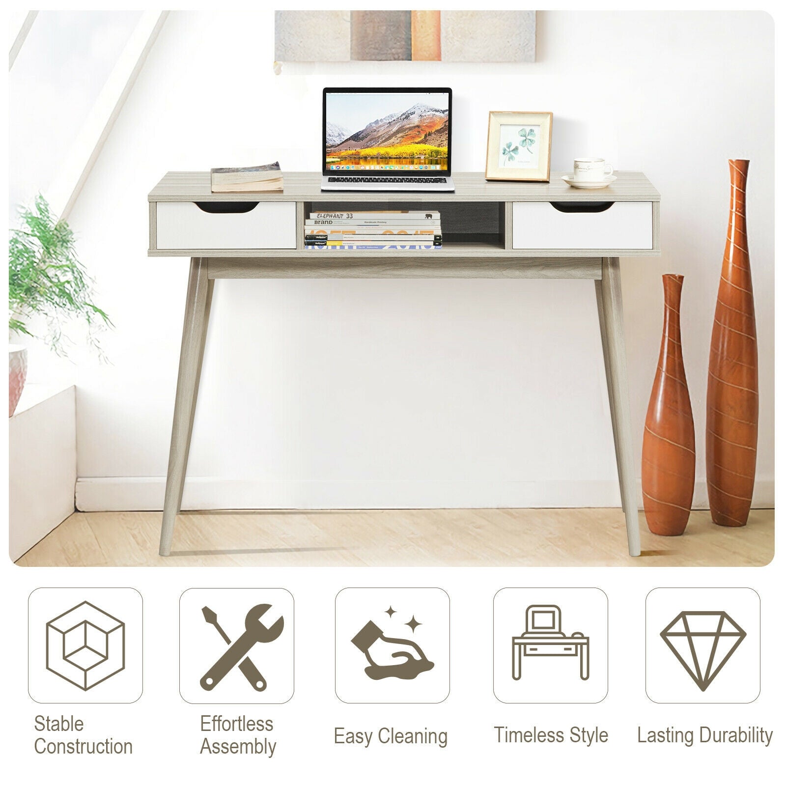 Stylish Computer Desk Workstation with 2 Drawers and Solid Wood Legs