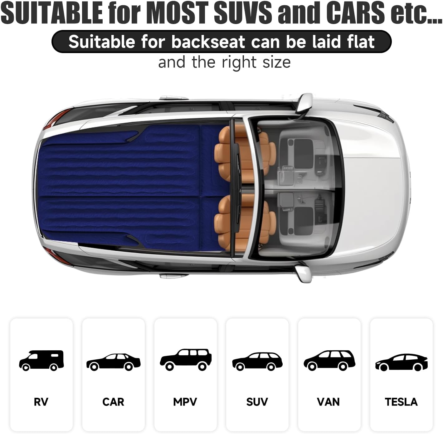 Colchón de aire universal para SUV DikaSun - Flocado mejorado, superficie Oxford extra gruesa, con bomba eléctrica y cable de carga de 3 m (azul marino)
