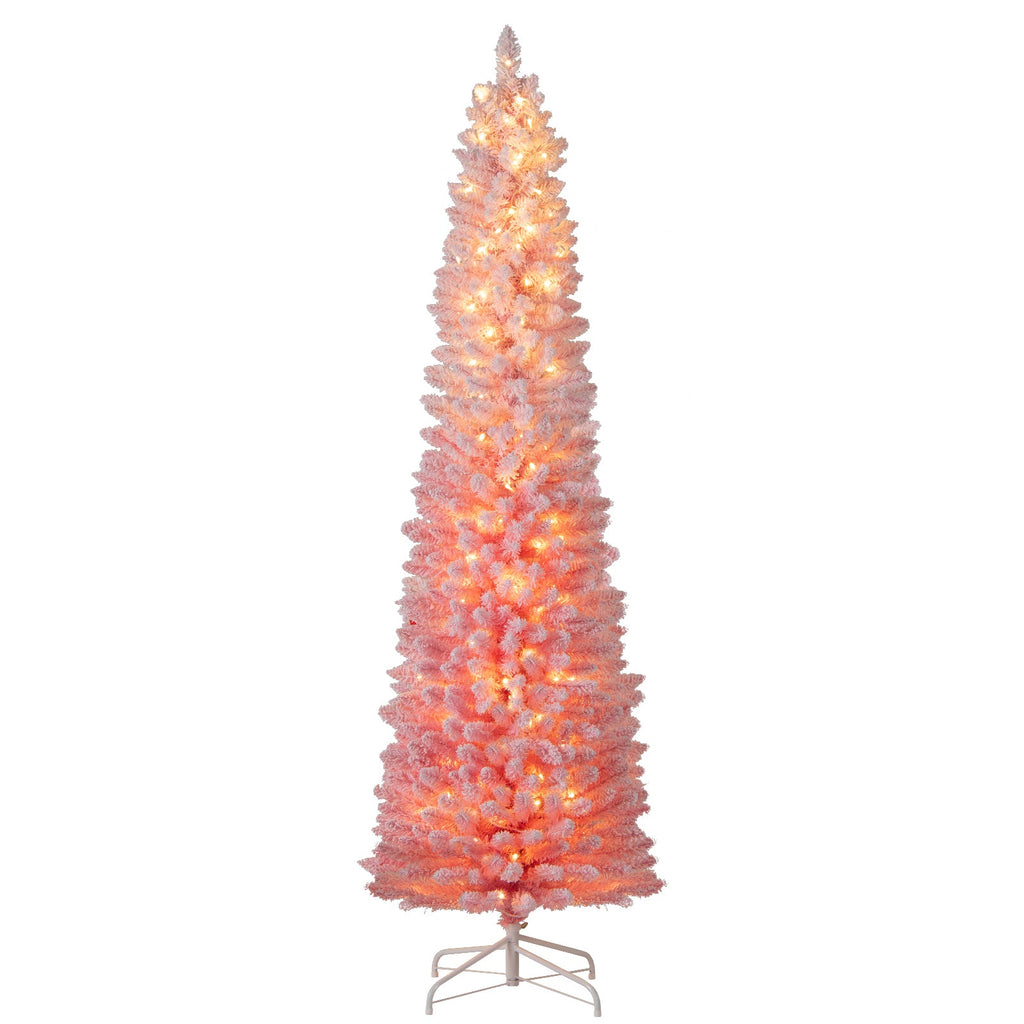 6 FTSnow-flocked Artificial Pink Christmas Tree Pre-lit Hinged Xmas Tree for Holiday Decoration