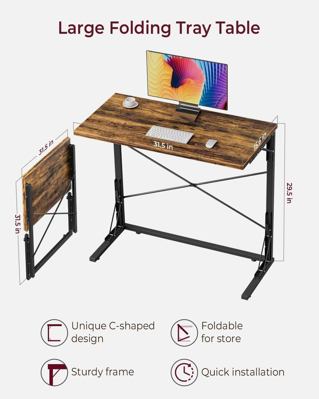Escritorio con bandeja plegable de 31.5 pulgadas, acabado rústico marrón de primera calidad