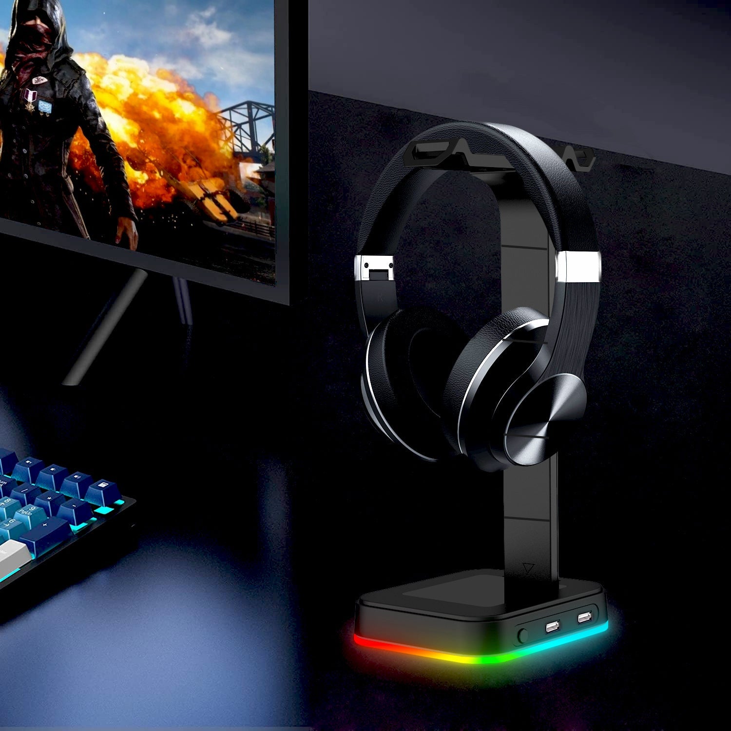 Soporte para auriculares RGB 2 en 1 para ordenador de sobremesa con regleta y 2 puertos USB para carga, colgador de auriculares para juegos