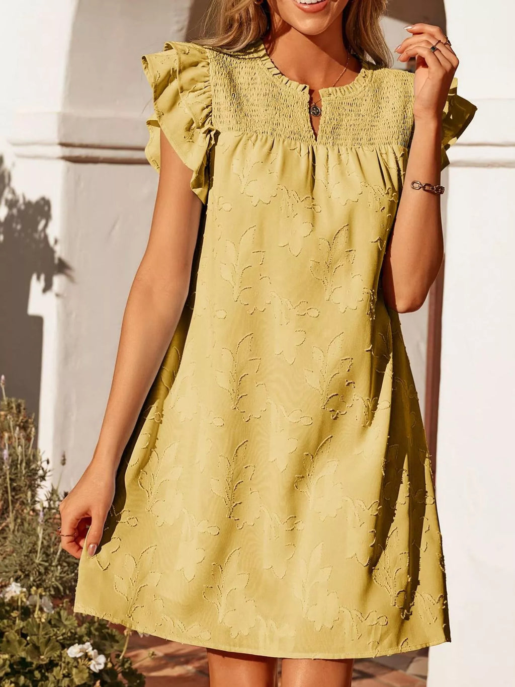 Floral Embossed Ruffle Sleeve Mini Dress