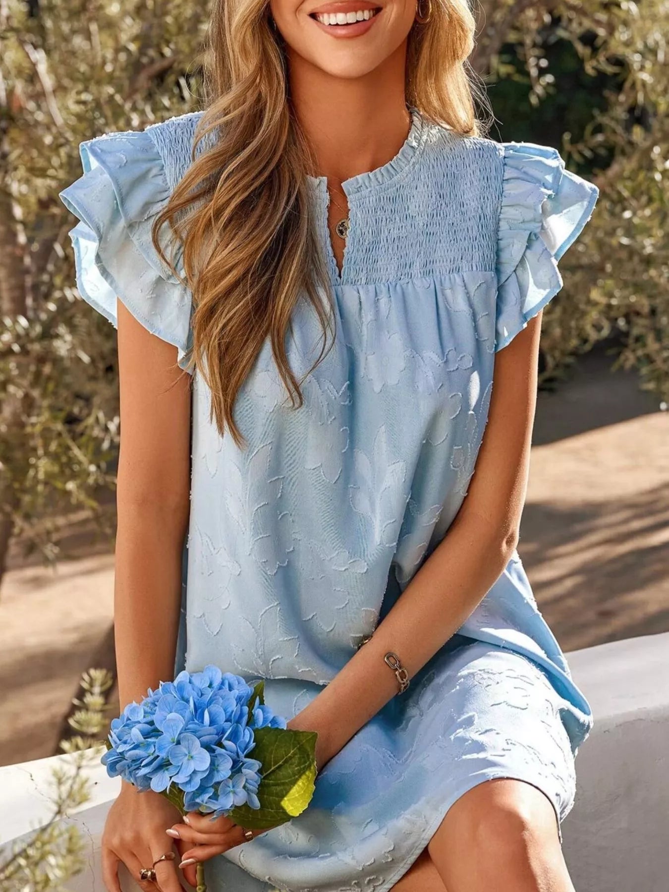 Floral Embossed Ruffle Sleeve Mini Dress