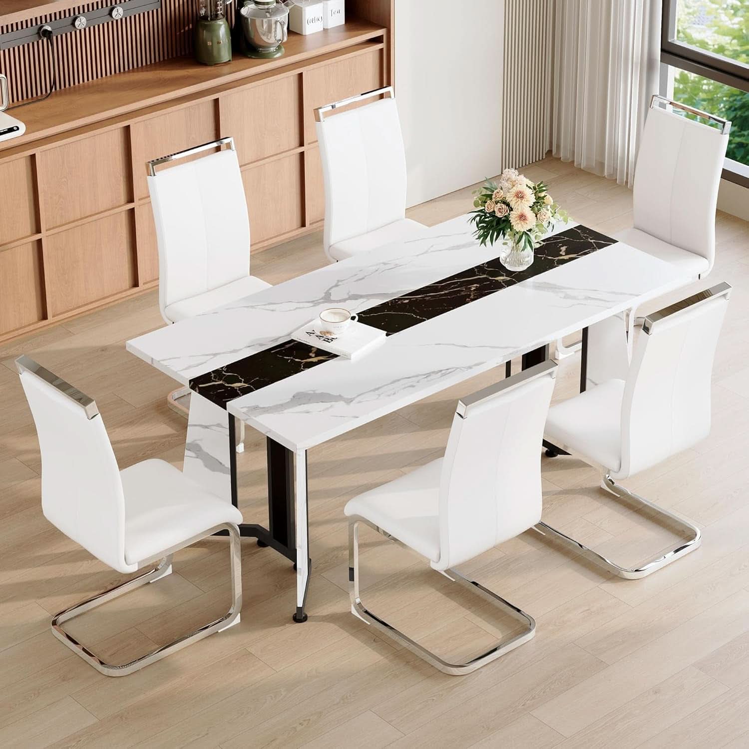 Juego de comedor para seis personas, mesa con tope de mármol blanco de 71 pulgadas y sillas de cuero
