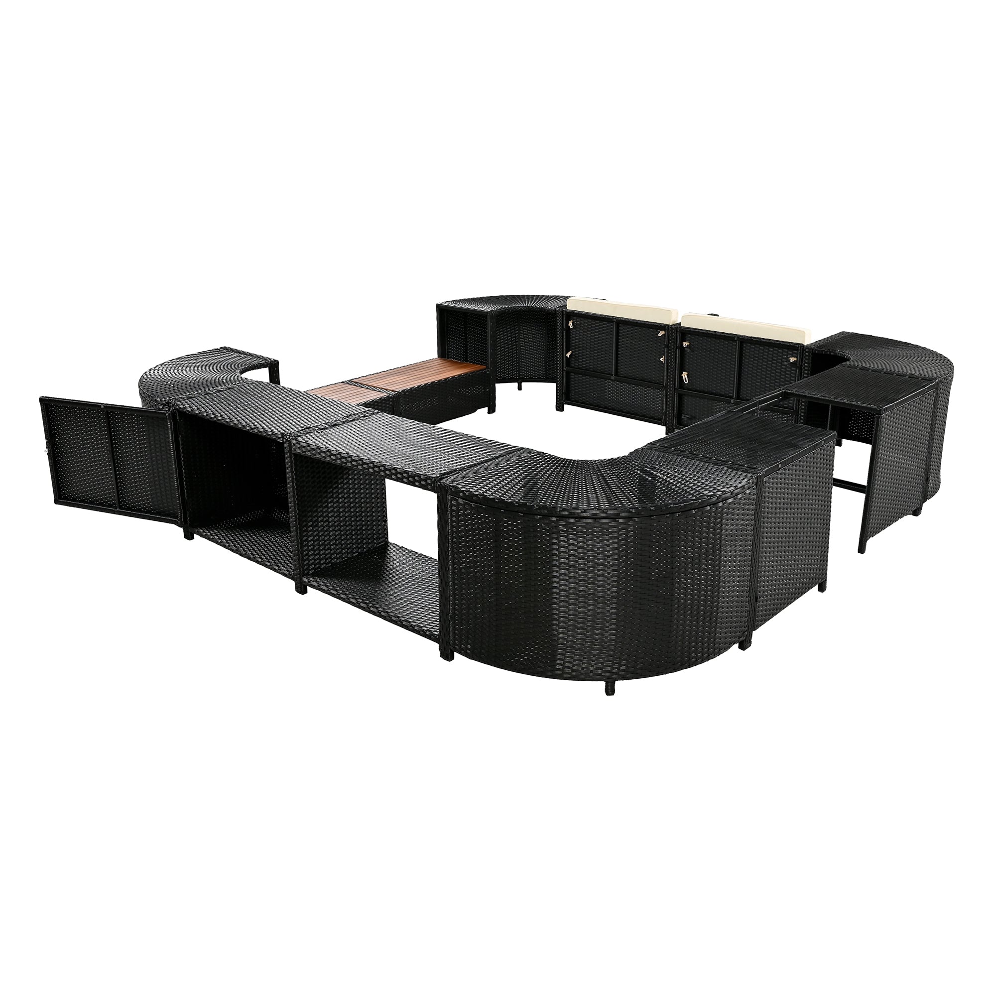 Conjunto de sofá seccional de ratán para spa exterior grande Alora con forma cuadrilátera y compartimentos de almacenamiento (SAK80217)