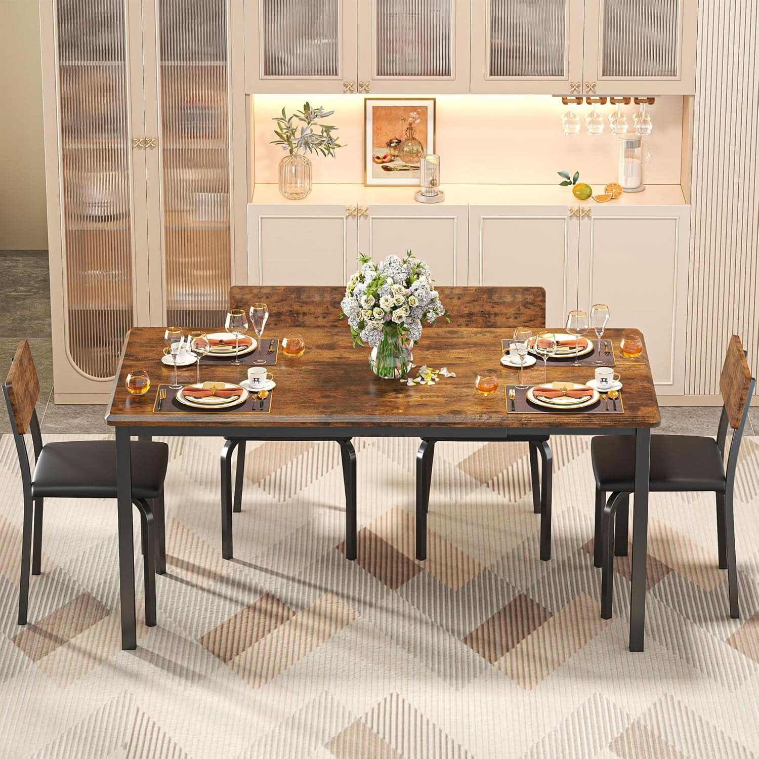 Juego de mesa de comedor extensible de 63 pulgadas, rústico marrón