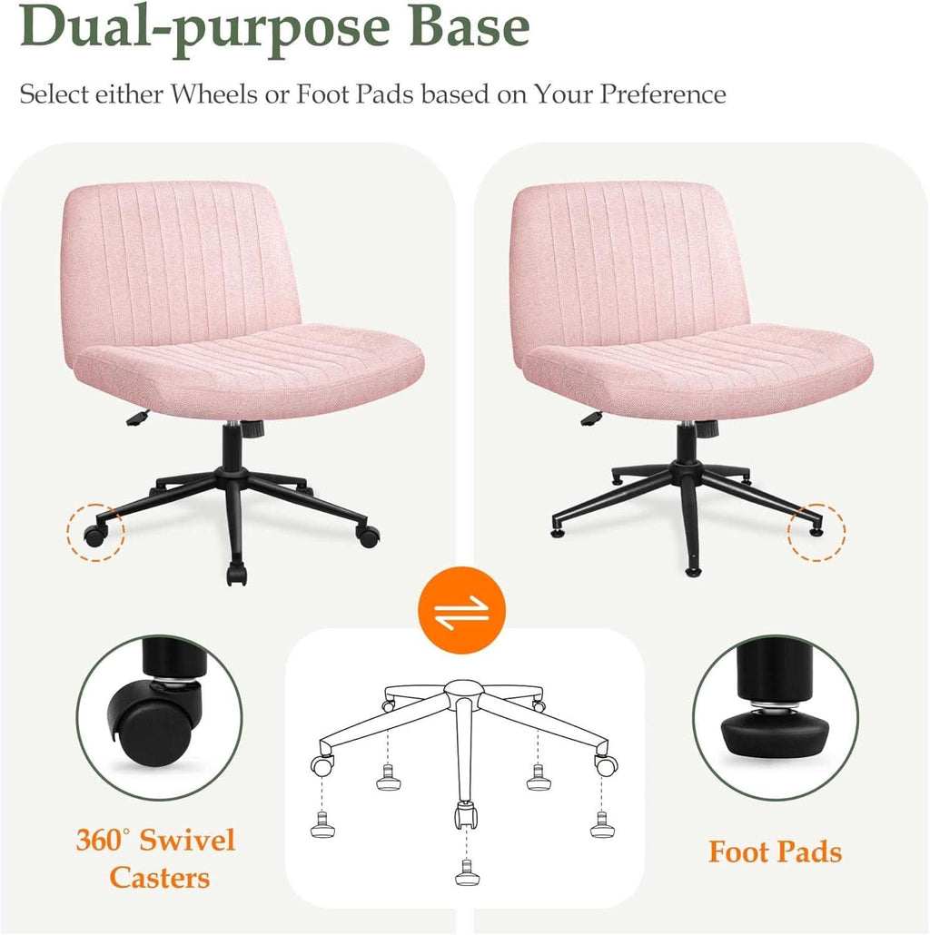 Silla de oficina rosa con ruedas, sin brazos, giratoria, con diseño entrecruzado
