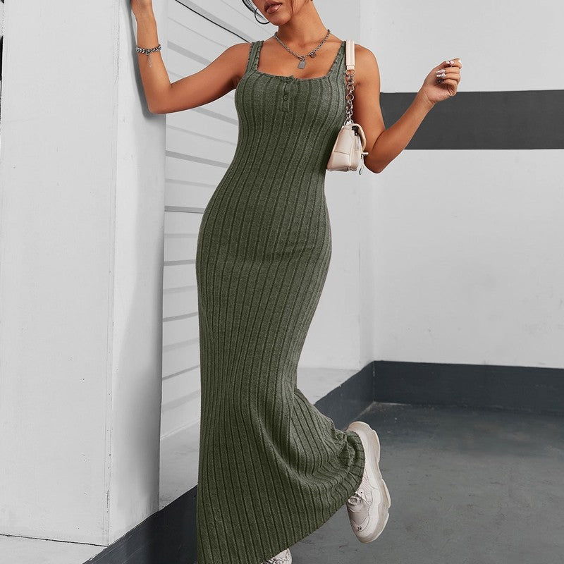 Solid Color Sleeveless Square Neck Knitted Maxi Dress