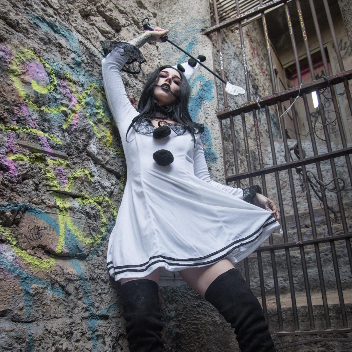 Pierrot Clown Costume - 3 Piece Women's Halloween Outfit with Dress