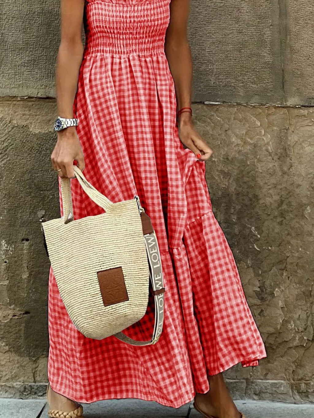 Kariertes Maxikleid mit Rüschenärmeln