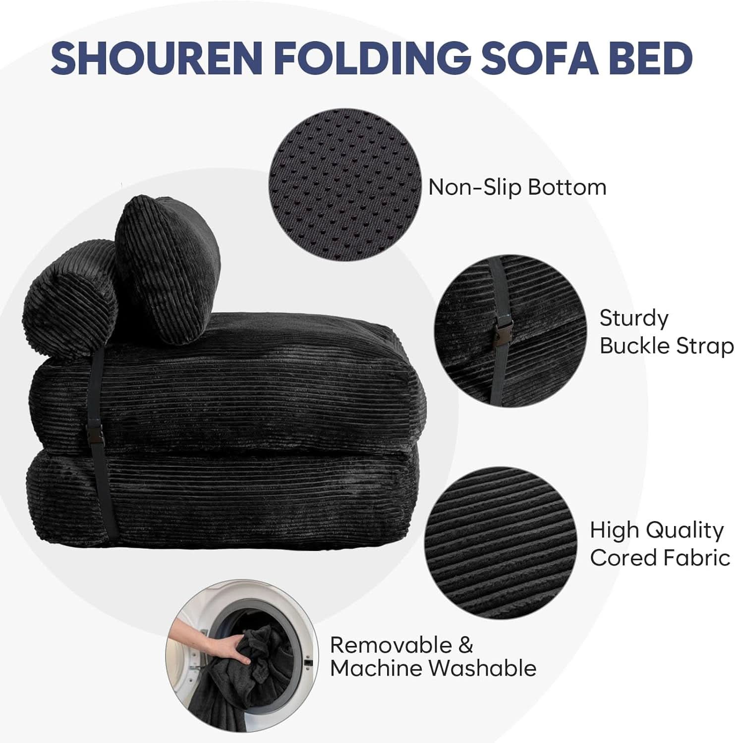 Sofá cama plegable convertible negro con almohada incluida
