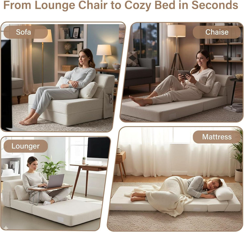 Sofá cama plegable tapizado beige convertible para suelo