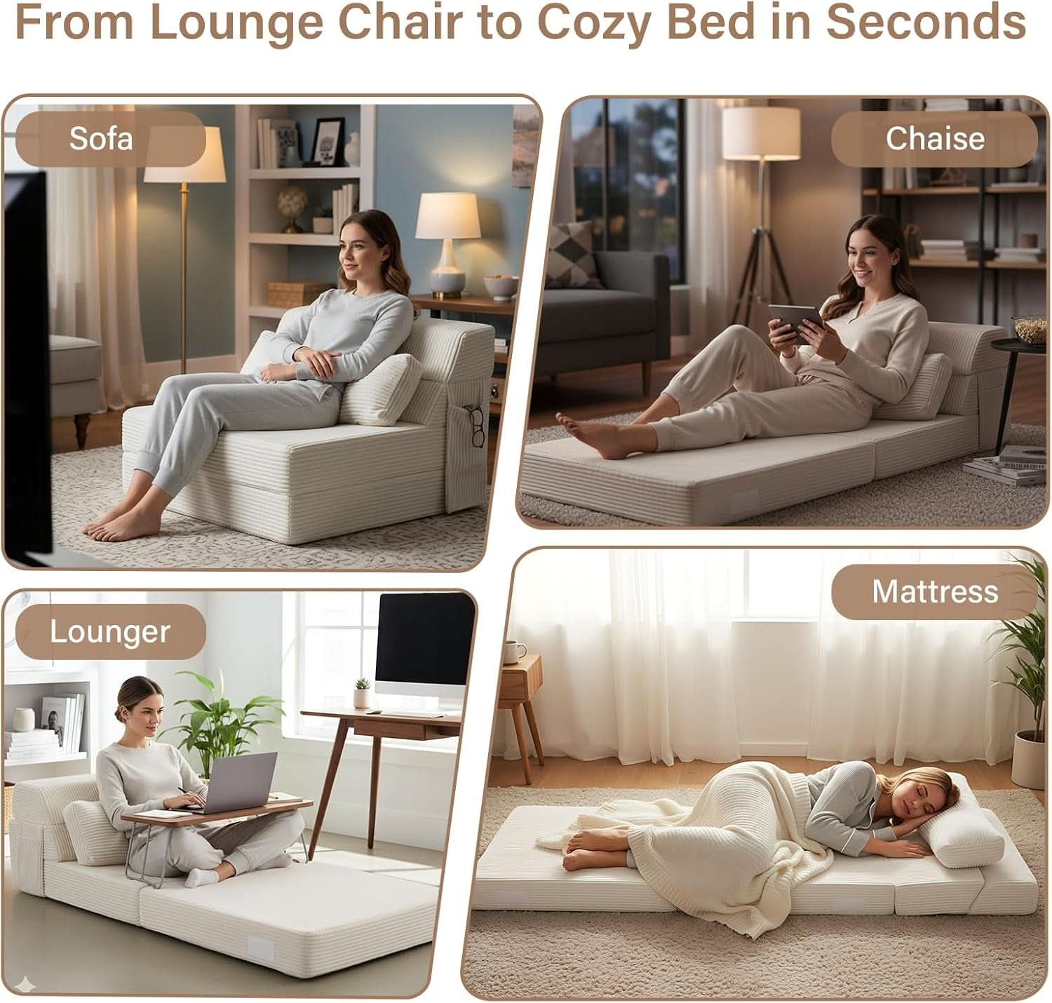Sofá cama plegable tapizado beige convertible para suelo