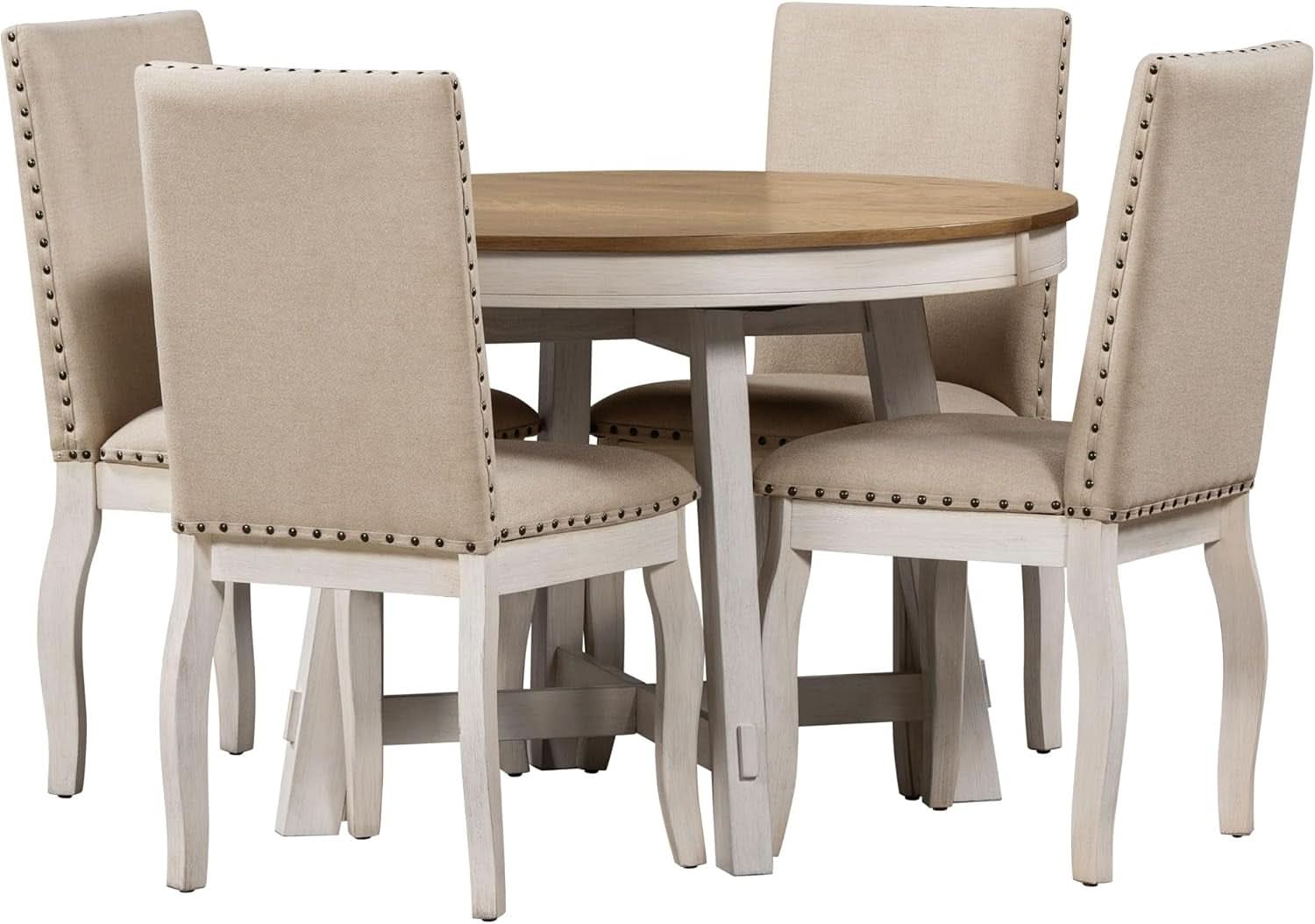 Juego de mesa de comedor redonda extensible estilo rústico, acabado roble con sillas tapizadas