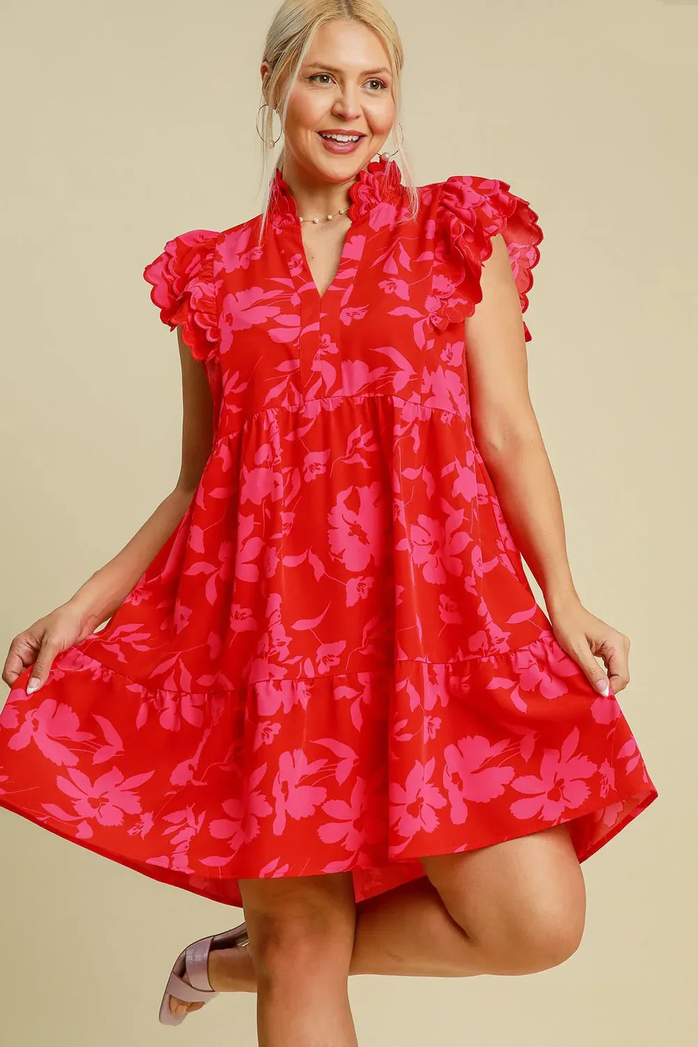 Umgee Full Size Two Tone Floral Print Ruffle Cap Sleeve Mini Dress Plus Size