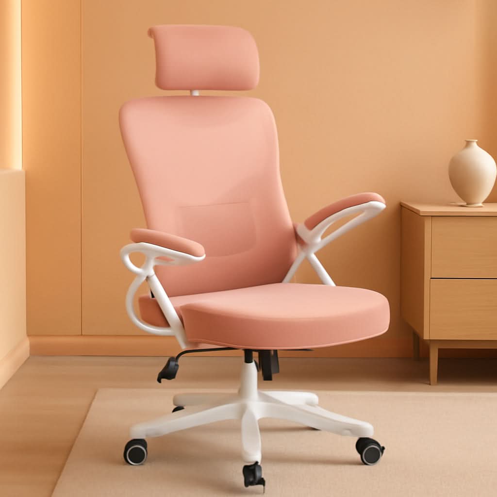 Silla de oficina ergonómica respaldo alto malla blanca rosa lumbar