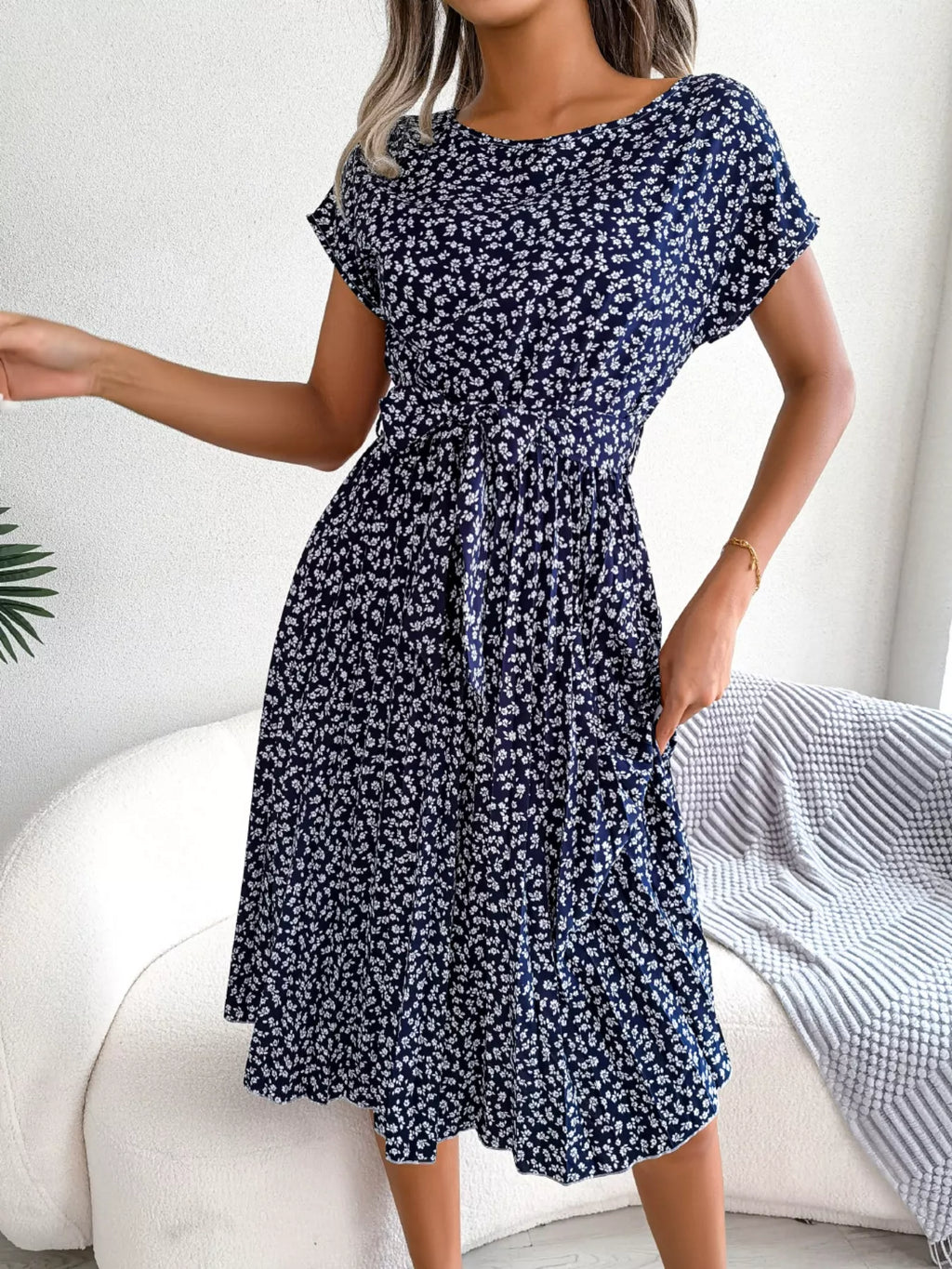Women's Floral Pleated Midi Dress with Belt – Casual Spring Style