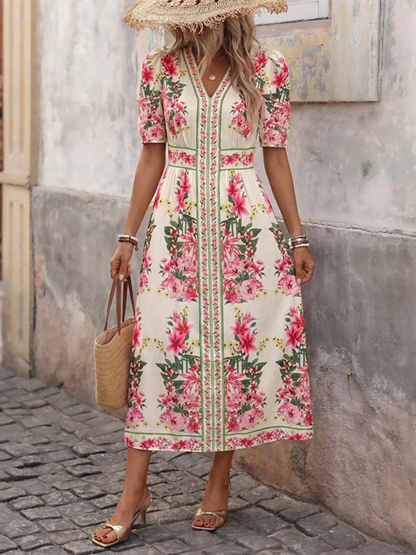Floral Print V-Neck Midi Dress