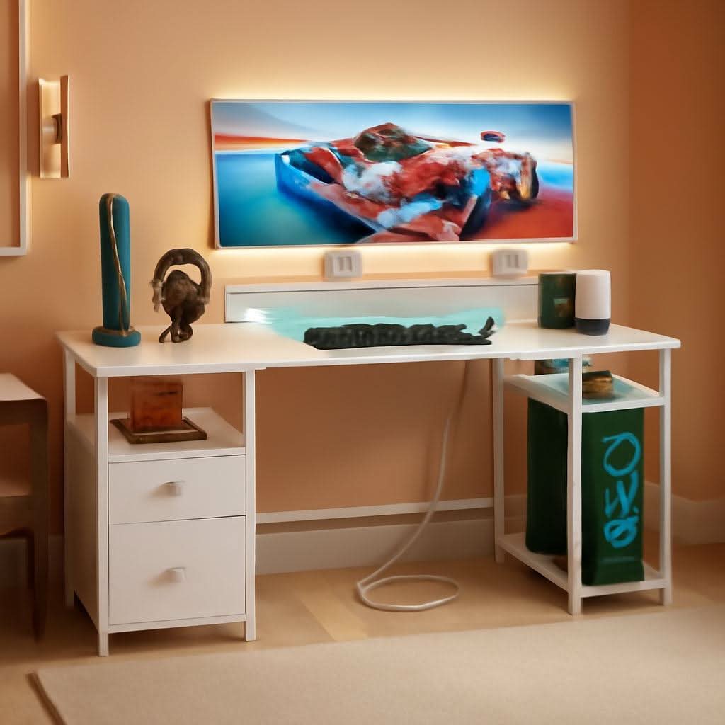 Sixty One Inch Computer Desk LED Illumination White Finish
