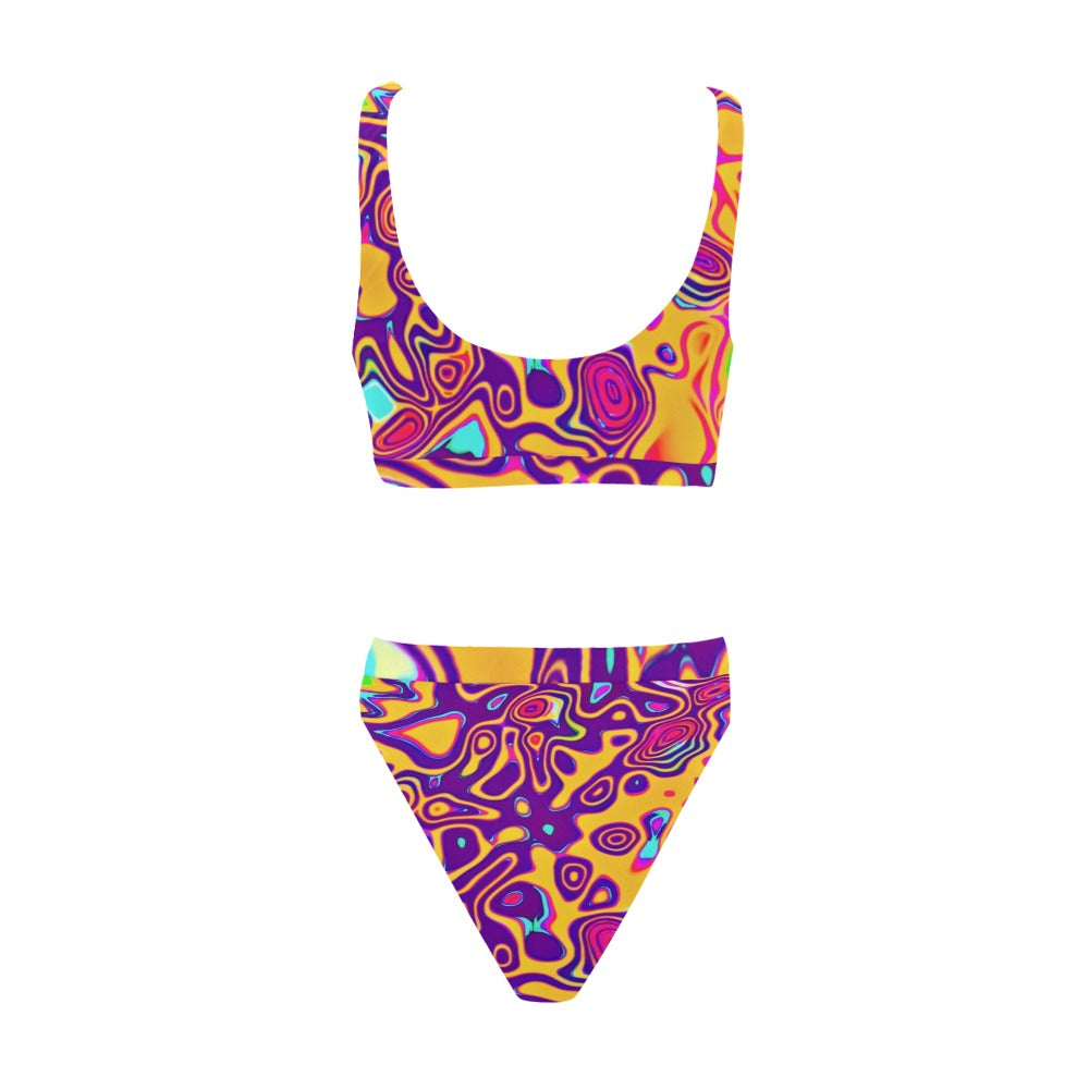 Top deportivo y bañador bikini de cintura alta con estampado "Explosión de Plasma Retro Psicodélico" / Conjunto de fiesta rave