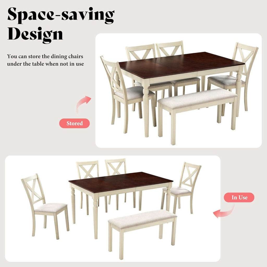 Juego de Mesa de Comedor de Madera Maciza de Nogal de Sesenta Pulgadas con Sillas Tapizadas