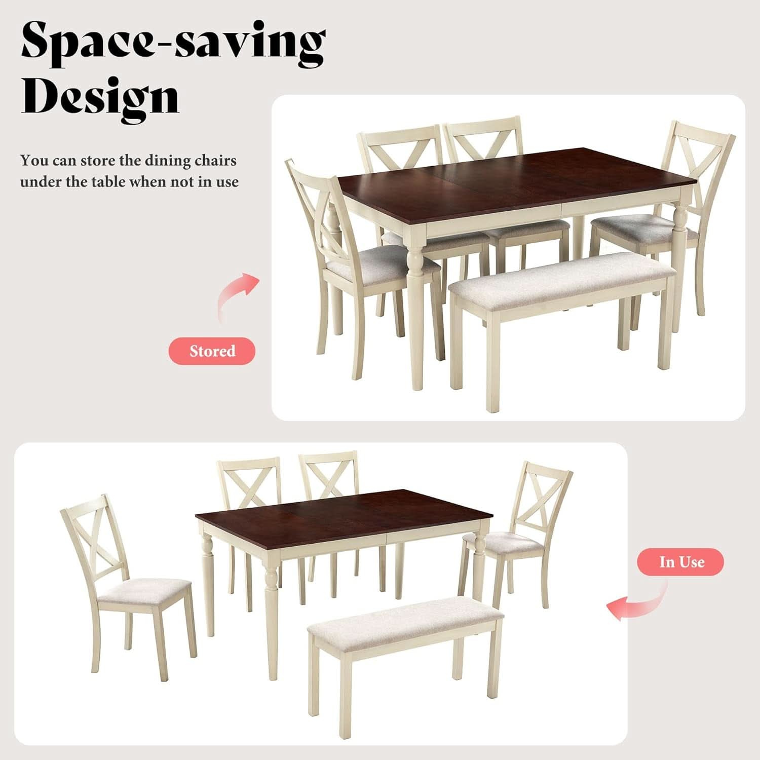 Juego de Mesa de Comedor de Madera Maciza de Nogal de Sesenta Pulgadas con Sillas Tapizadas
