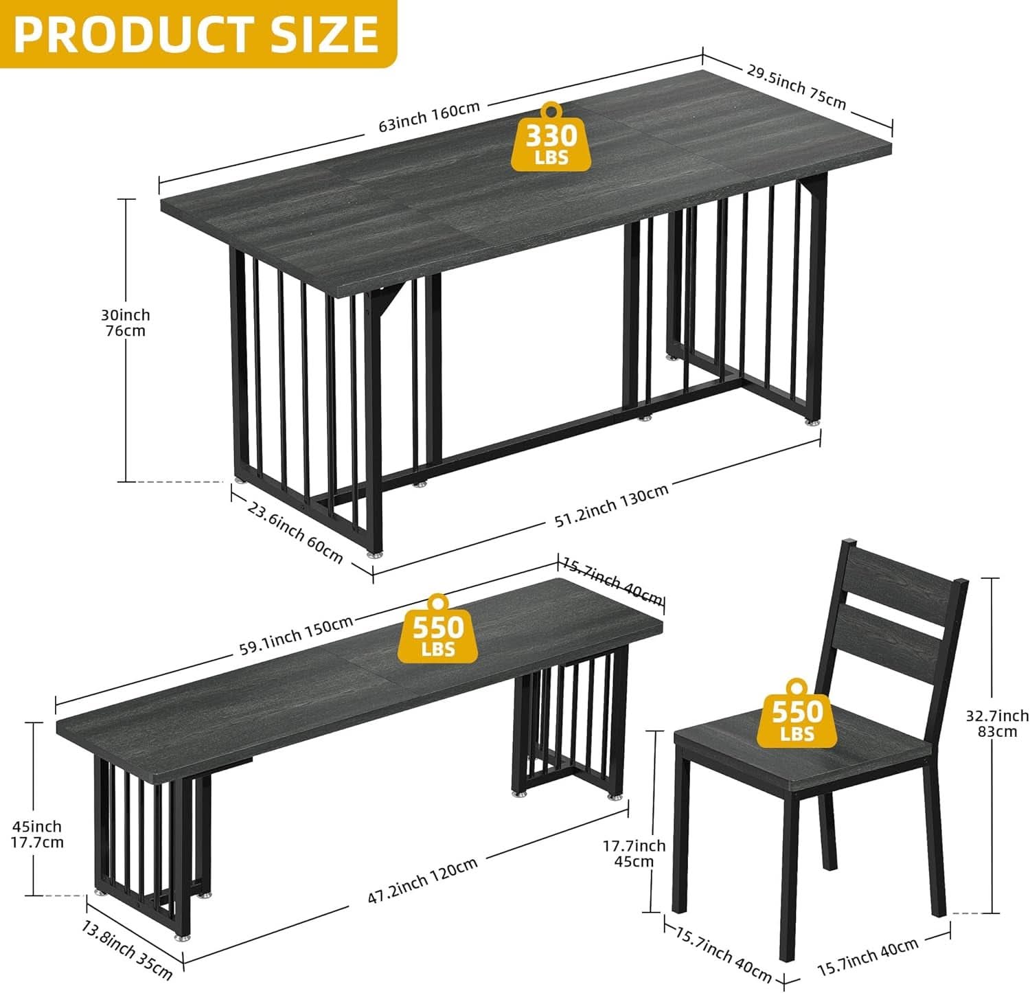Juego de comedor rectangular gris oscuro de 63 pulgadas estilo rústico