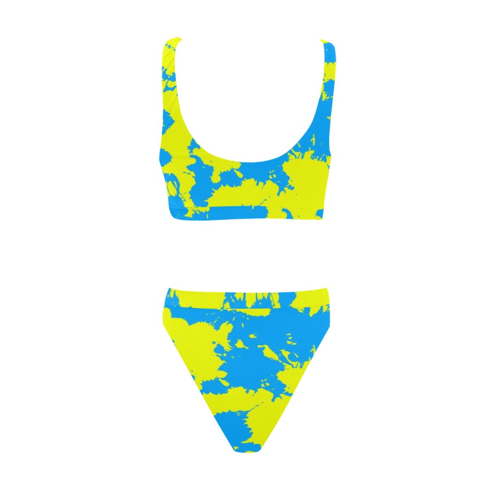 Conjunto de bikini/rave de top deportivo y tiro alto con salpicaduras de pintura amarilla y azul