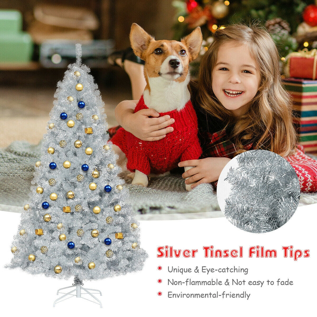 7.5 Ft Hinged Unlit Artificial Silver Tinsel Christmas Tree