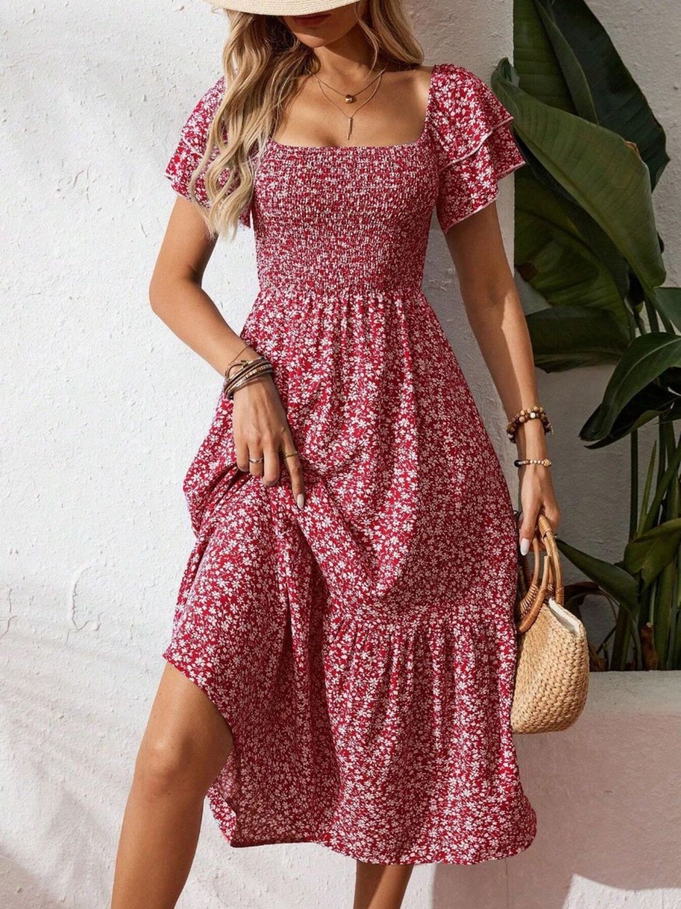 Floral Print Smocked Ruffle Sleeves Dress
