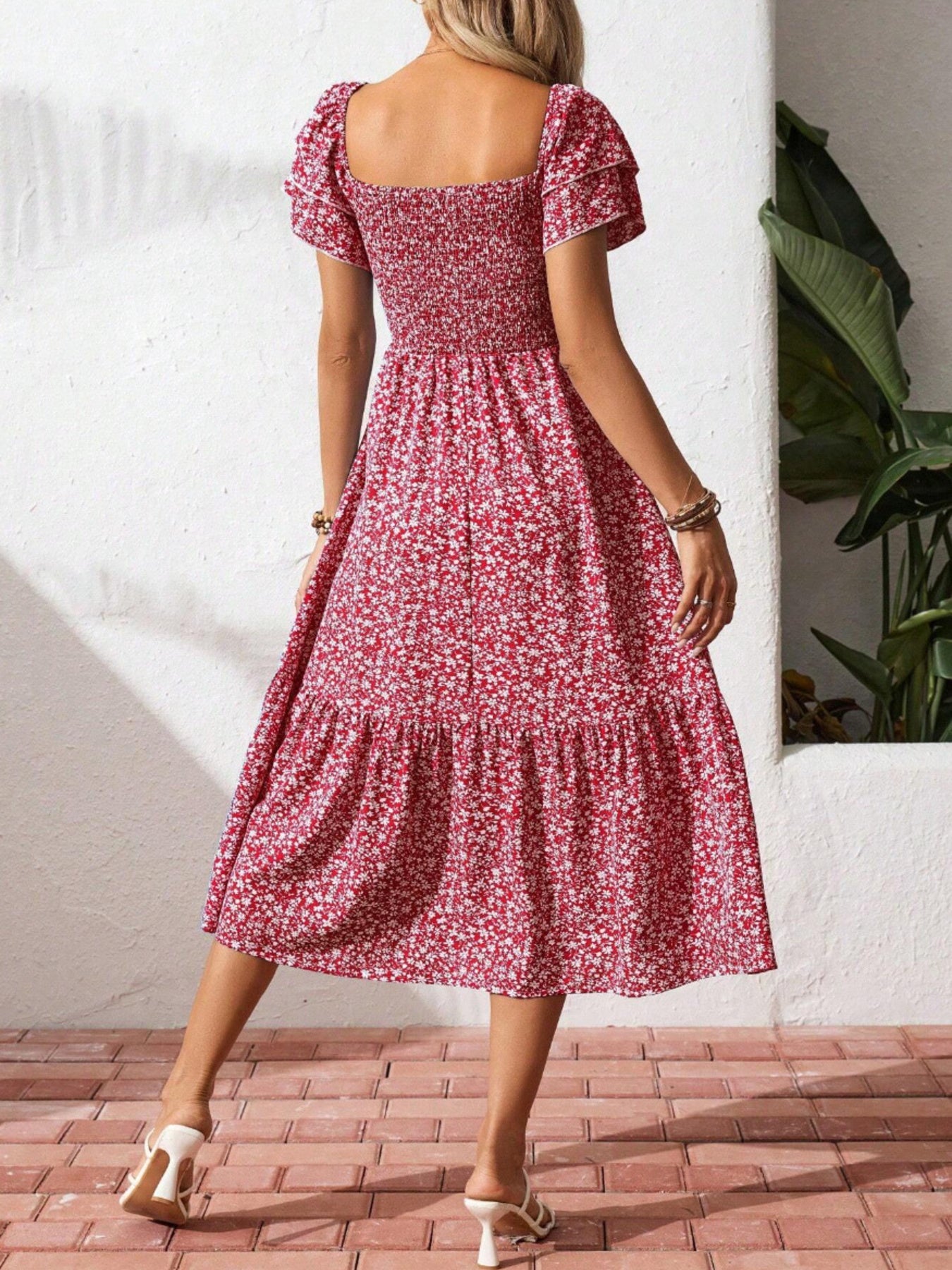 Floral Print Smocked Ruffle Sleeves Dress