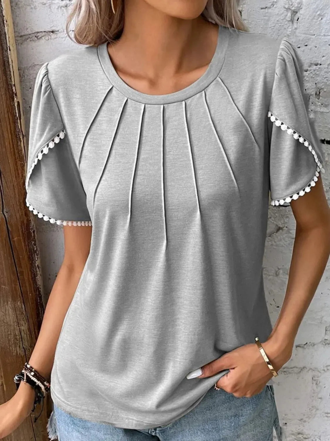 Full Size Round Neck Petal Sleeve Blouse Plus Size