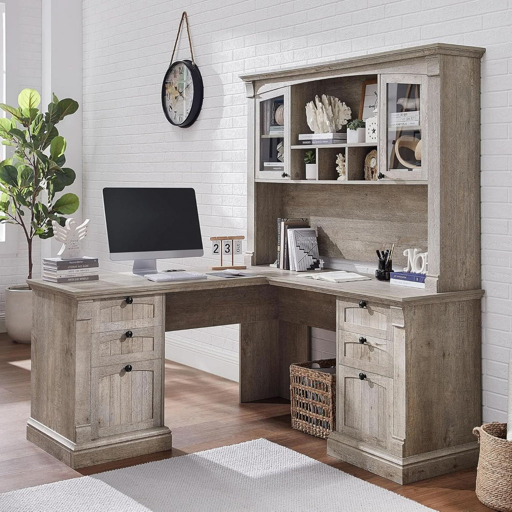 Escritorio en L de 60 pulgadas con mueble superior, acabado roble rústico claro