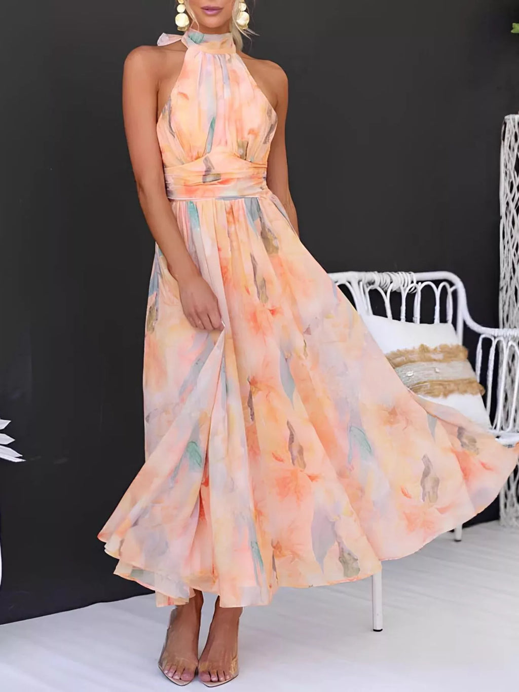 Floral Halter Neck Backless Summer Dress