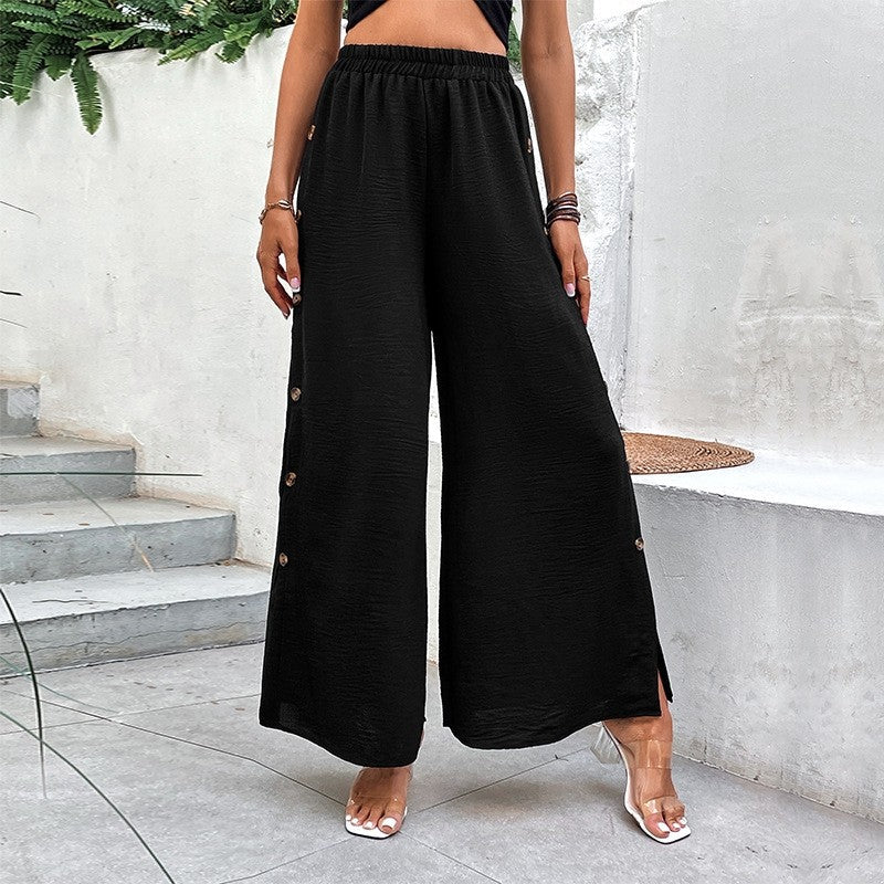 Wide Leg Casual Pants with Elastic Waist and Side Slits in Solid Color