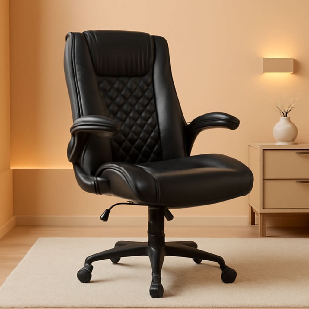 Silla de oficina ejecutiva con reposabrazos abatibles de piel sintética negra
