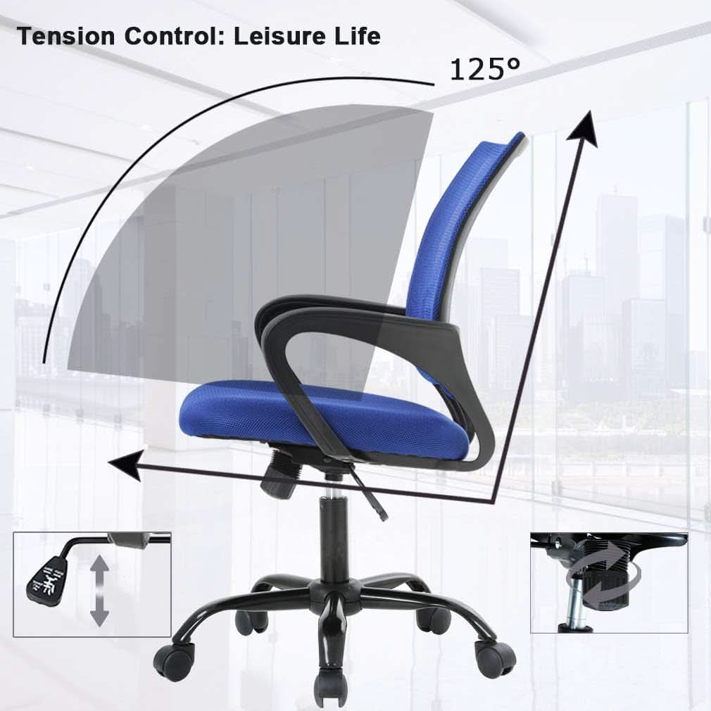 Silla de oficina ergonómica de malla azul con soporte lumbar