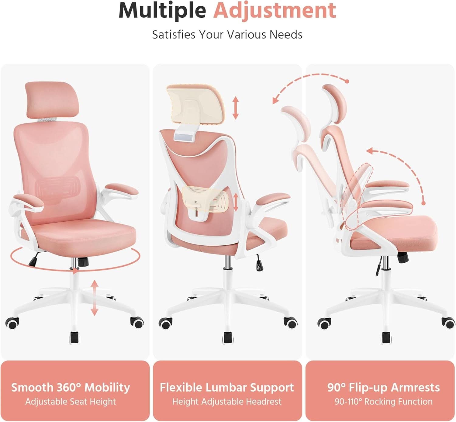Silla de oficina ergonómica respaldo alto malla blanca rosa lumbar